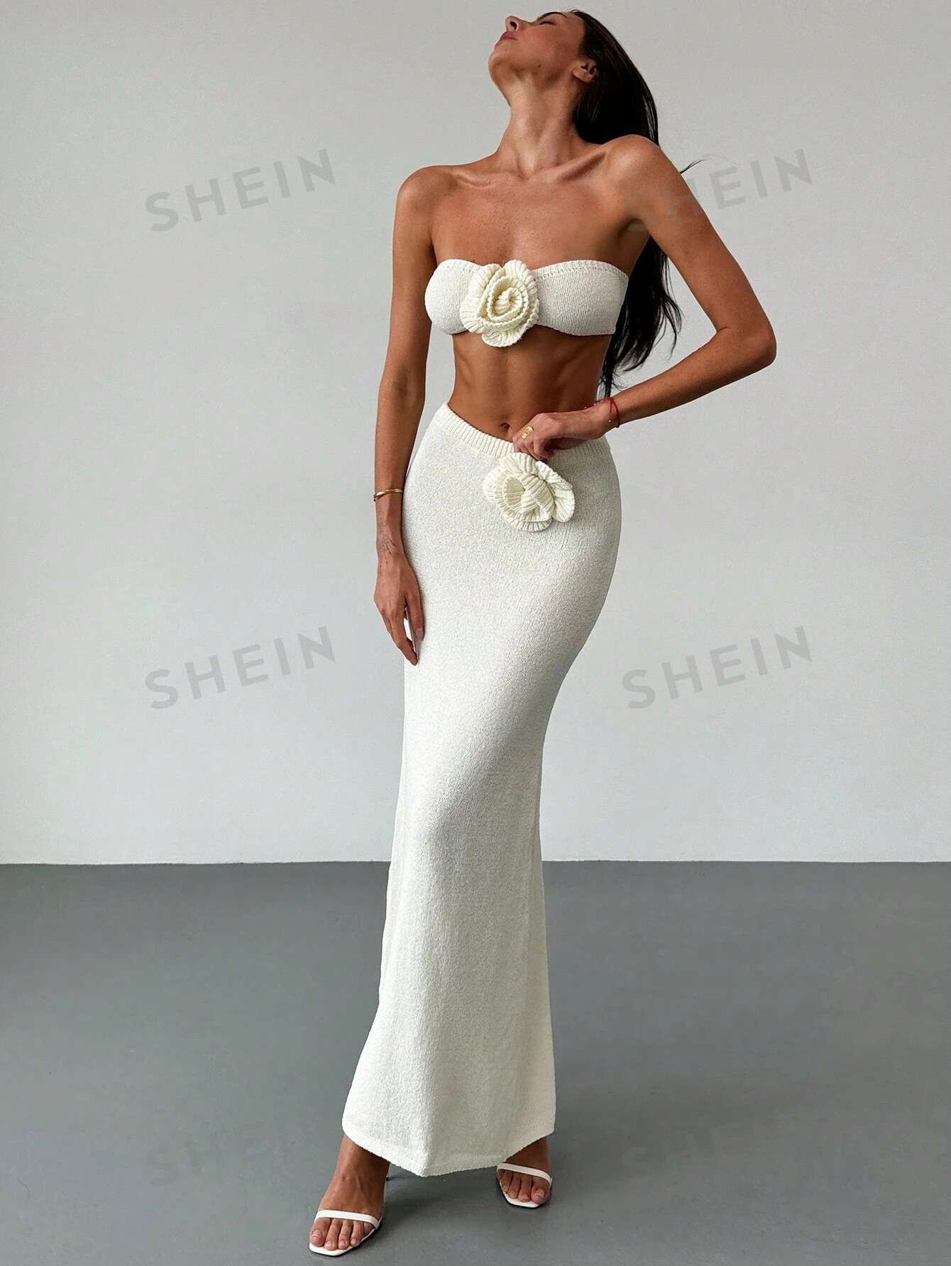 SHEIN Aloruh 2pcs/Set Apricot Romantic Date Strapless Floral Bustier Crop Top + Maxi Floral Skirt... | SHEIN