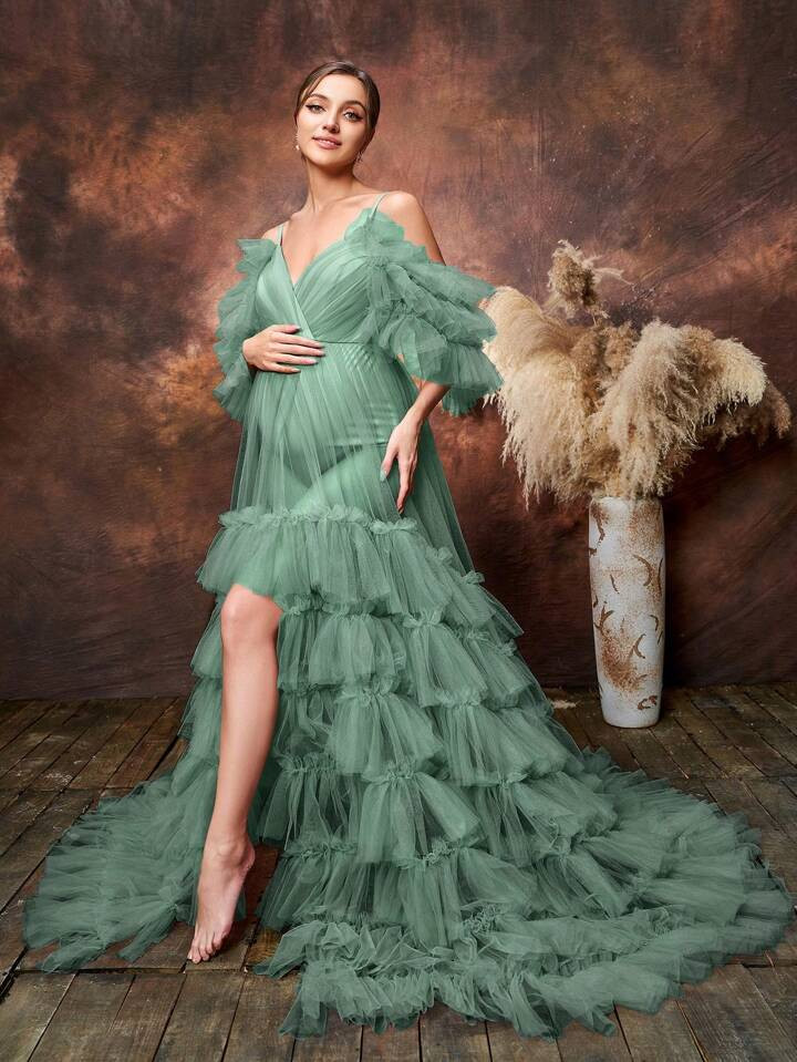 Elegant Cold Shoulder Maternity Gown With Tiered Tulle Skirt For Baby Showers & Formal Occasions ... | SHEIN