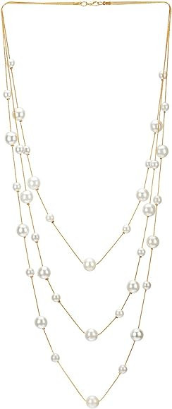 Statement Necklace Three-Strand Long Chains with Synthetic Pearl Beads, Elegant, Dress | Amazon (US)