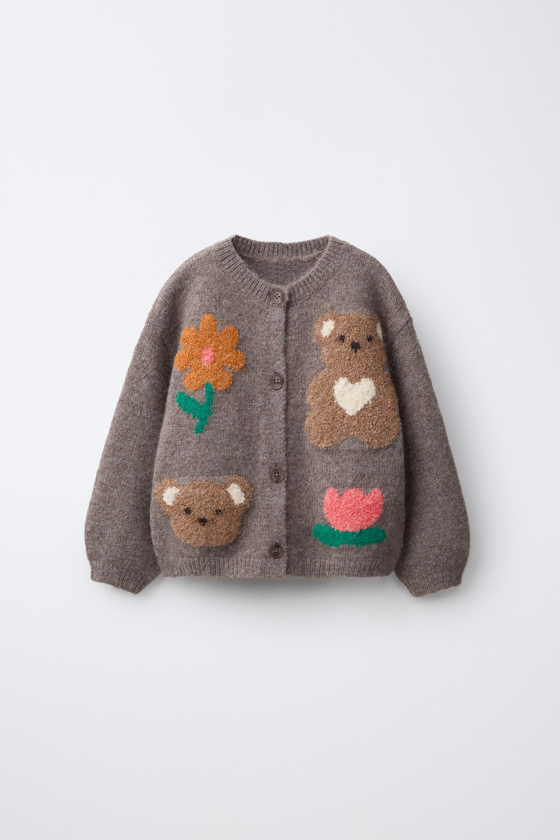 Zara - Bear And Floral Cardigan - Brown / Taupe - 1½ Years (33,9 Inches) - Kids | Zara US