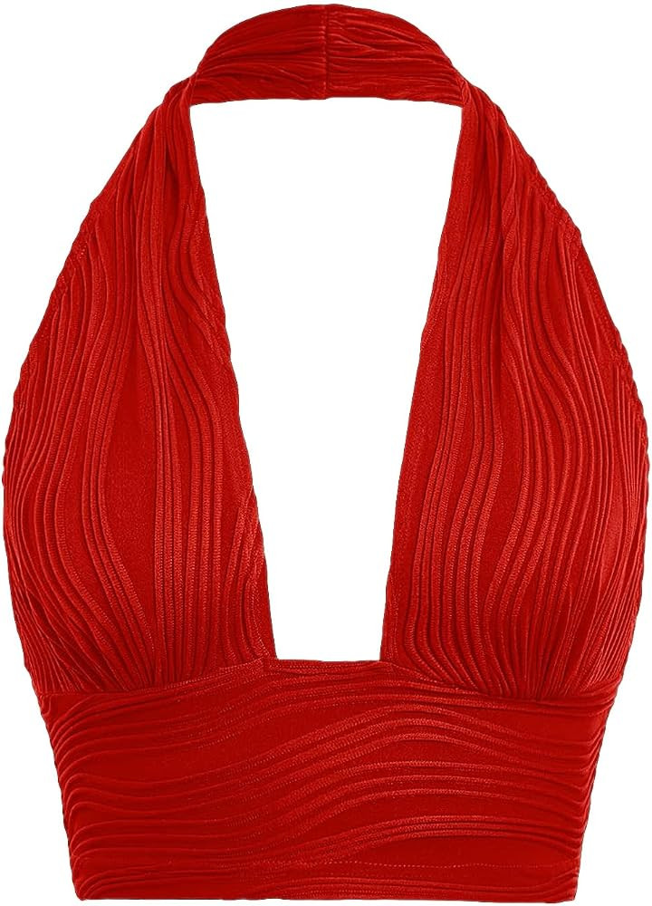 Verdusa Women's Open Back Halter Neck Sleeveless Texture Crop Tank Top | Amazon (US)