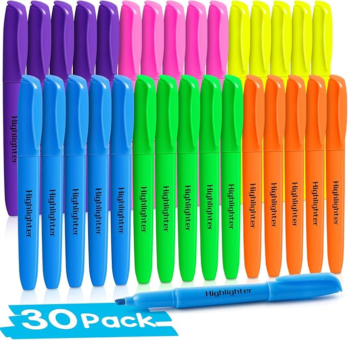 V-Opitos 30 Pack Highlighters in 6 Assorted Colors, No Bleed, Bright With Soft Chisel Tips, Ideal... | Amazon (US)