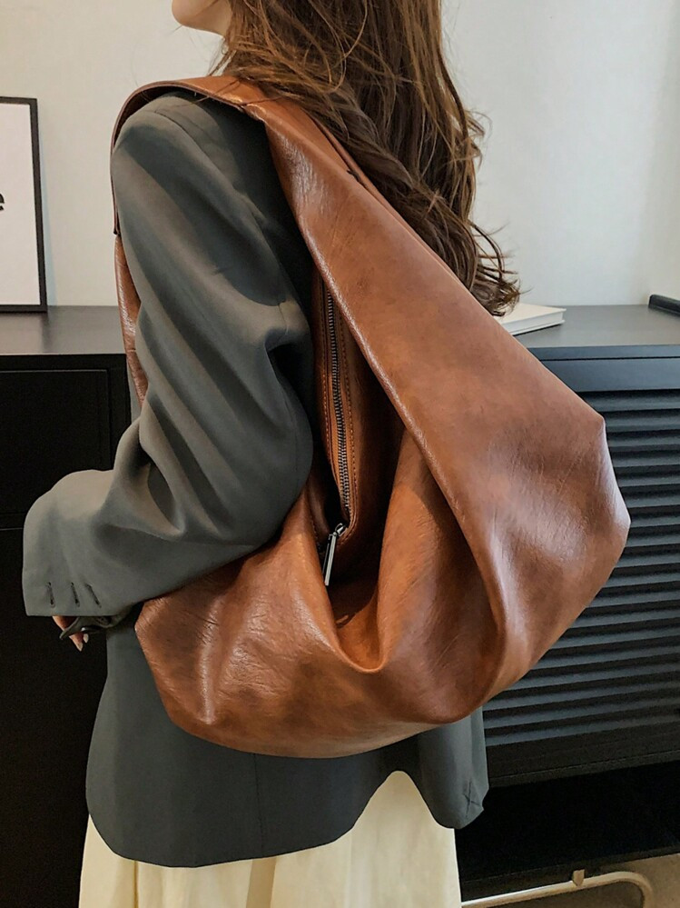 Fashionable Simple Soft Leather Shoulder Bag With Large Capacity, Can Be Used As Handbag Or Crossbody Bag, Solid Color, Suitable For Daily Use, Business Casual Woman Bag Perfect For Office Business And Work | SHEIN