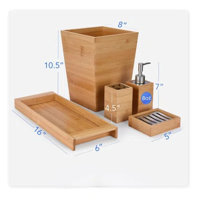 Bamboo Bathroom Decor Set - 5-Piece Aesthetic Decorative Accessories For Restroom - 7X2.5X.2.5-Inch Set Includes Toiletry Box, Toothbrush Holder, Liqu | Wayfair North America
