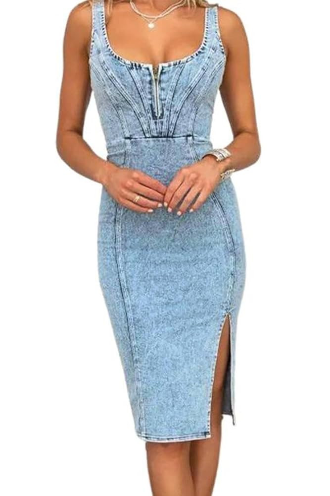 Women's Denim Dress Sleeveless Side Slit Bodycon Midi Jean Scoop Neck Dresses | Amazon (US)