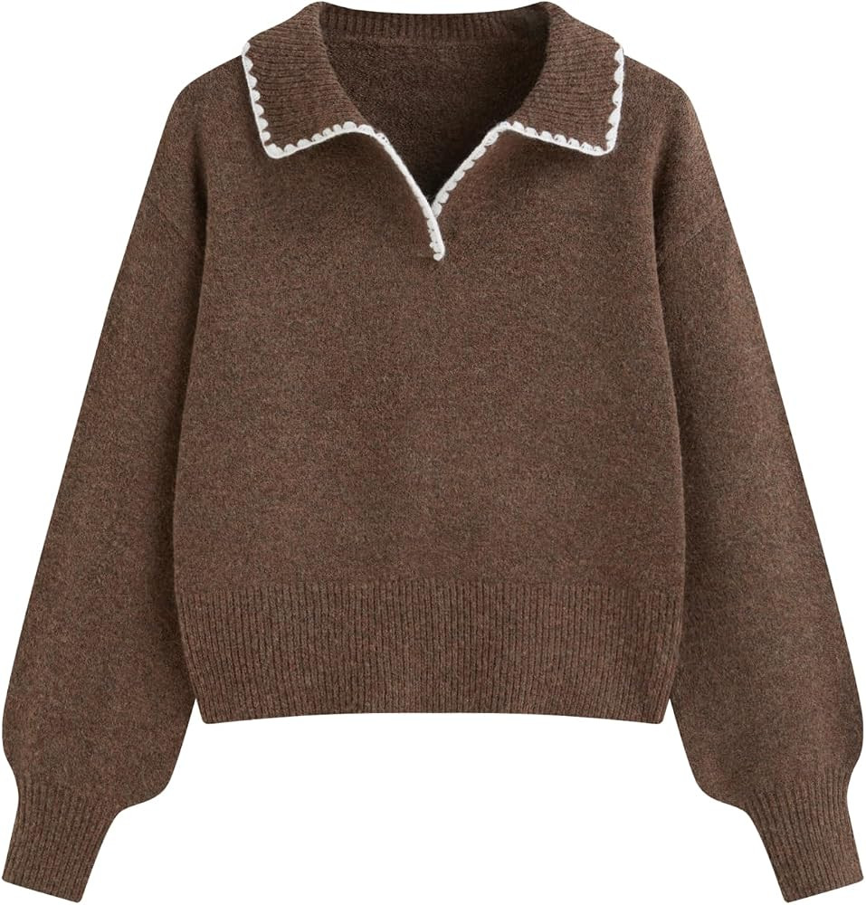 CIDER Women's Crop Polo Pullover Sweater Knit Top with Crochet Trim | Amazon (US)