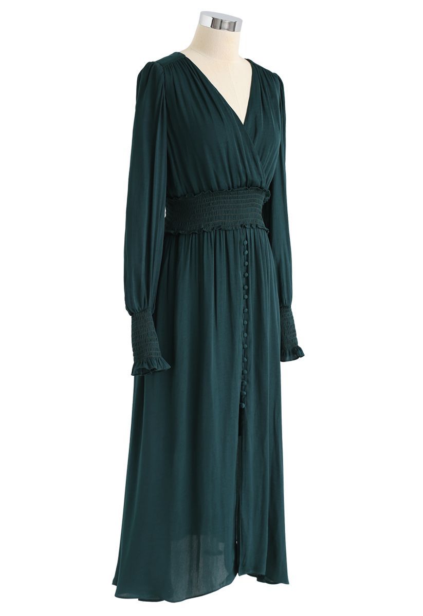 Satin Button Down Wrap Midi Dress in Dark Green | Chicwish