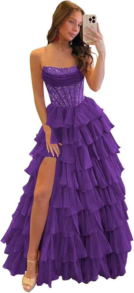 Strapless Prom Dress Tiered Ruffle Sparkly Formal Evening Party Cocktail Gown with Slit | Amazon (US)
