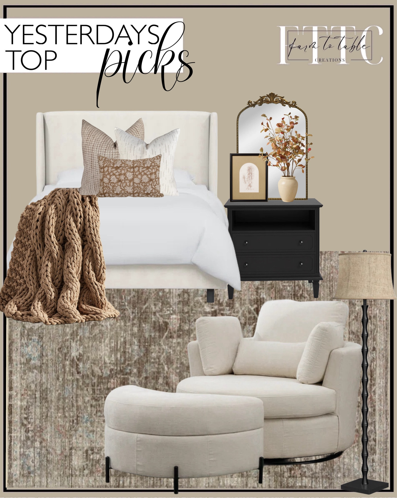 Yesterday’s Top Picks. Follow @farmtotablecreations on Instagram for more inspirational.

Magnolia Home X Loloi Millie Area Rug. Tilly Upholstered Bed. Amberlyn 2-Drawer Nightstand with Built-In Outlets and Solid Wood Legs. Kenmari Upholstered Swivel Barrel Chair with Ottoman. Hafner 62'' Black Traditional Floor Lamp. Better Homes & Gardens Filigree Mirror. 11"x14" Sepia Tree Framed Wall Art - Hearth & Hand with Magnolia. 20" Faux Hazel Leaf Fall Arrangement - Hearth & Hand with Magnolia. Colossal Handknit Throw. Modern Cottage Vibe Pillow Cover Set Hackner Home. 

Bedding | Coffee Table Decor | Fall Decor | Fall Stem Sale | Target Finds | Skinny Bench | Bedroom | Living Room | Breakfast Nook | Amazon Home | Target Sale | Loloi Rugs | Magnolia Home | console table | console table styling | faux stems | entryway space | home decor finds | neutral decor | entryway decor | cozy home | affordable decor |  home decor | home inspiration | spring stems | spring console | spring vignette | spring decor | spring decorations | console styling | entryway rug | cozy moody home | moody decor | neutral home



#LTKHome #LTKFindsUnder50 #LTKSaleAlert