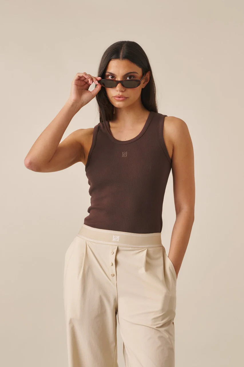 Ribbed Emblem Vest Top - Espresso | Reasn