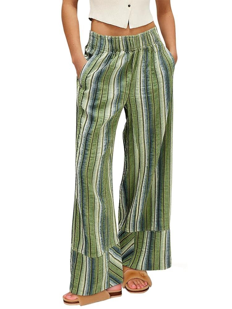 Cicy Bell Womens Wide Leg Lounge Pants Elastic High Waisted Striped Palazzo Pants Flowy Casual Be... | Amazon (US)