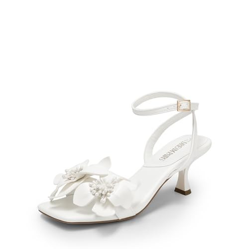 DREAM PAIRS Women's Flower Wedding Heels Cute Square Toe Slingback Low Kitten Heels Sandals with Ankle Strap,Size 7.5,White-Pu,SDHS2436W | Amazon (US)