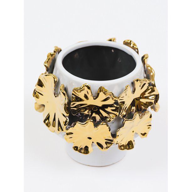 Inspire Me! Home Decor White Ceramic Vase with Gold Floral Detail | Walmart (US)