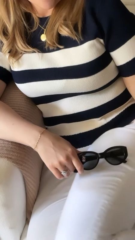 Striped sweater, white denim, classic (and budget friendly) sunnies, and simple jewelry for an easy spring look 

#LTKunder100 #LTKsalealert #LTKfit