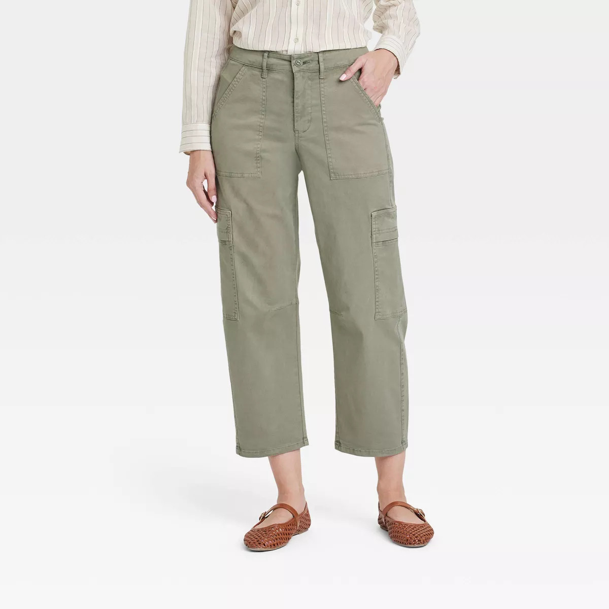 Women's Mid-Rise Barrel Leg Cargo Pants - Universal Thread™ Olive Green 4: Cotton Twill, Ankle ... | Target