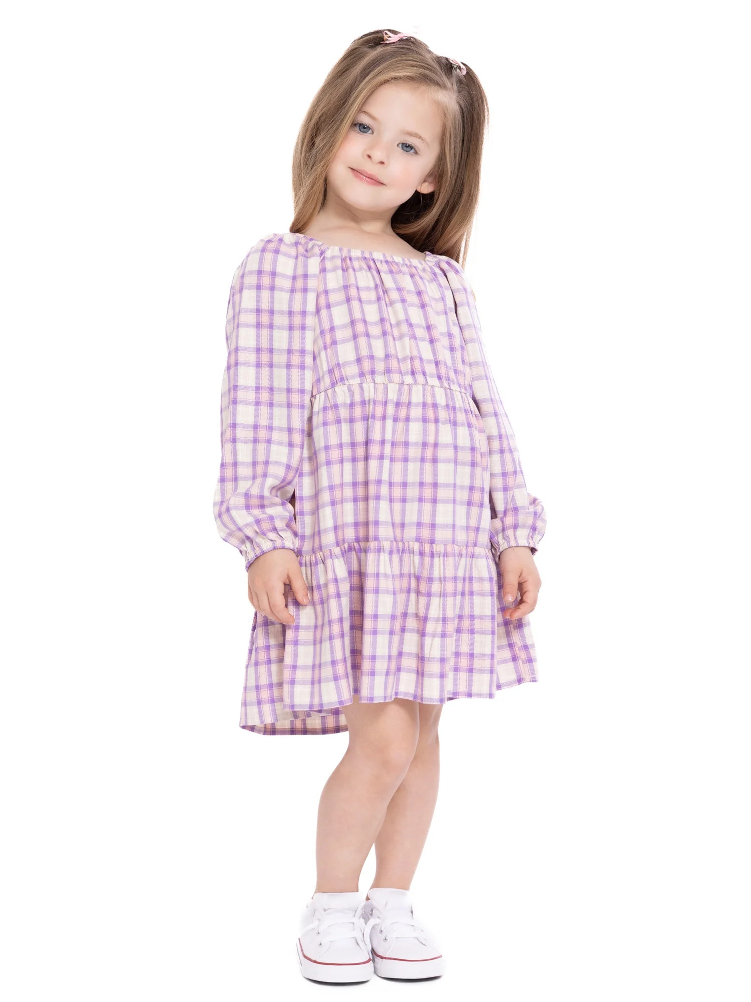 Wonder Nation Toddler Girl Long Sleeve Plaid Printed Dress, Sizes 12M-5T | Walmart (US)