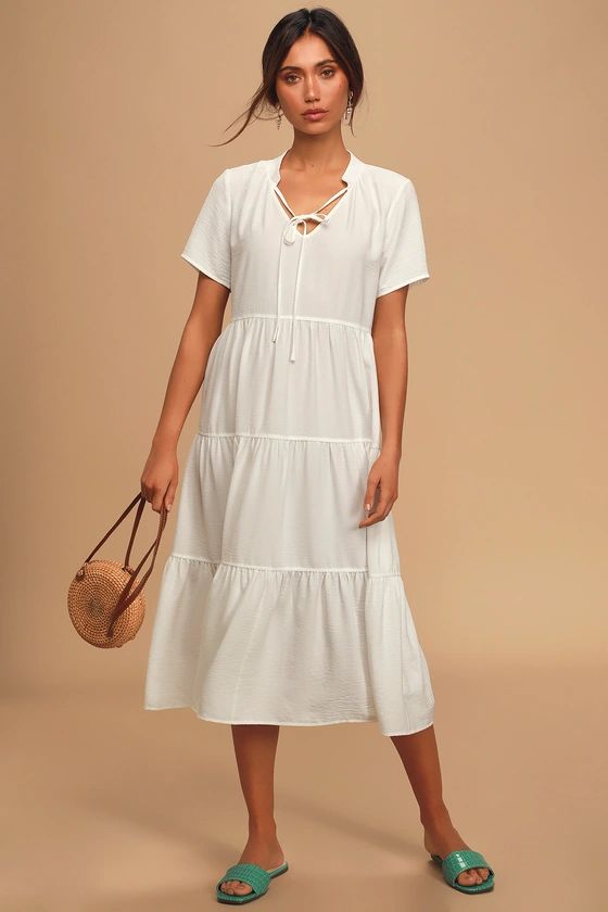 Lovely to Meet You White Short Sleeve Tiered Midi Dress | Lulus (US)