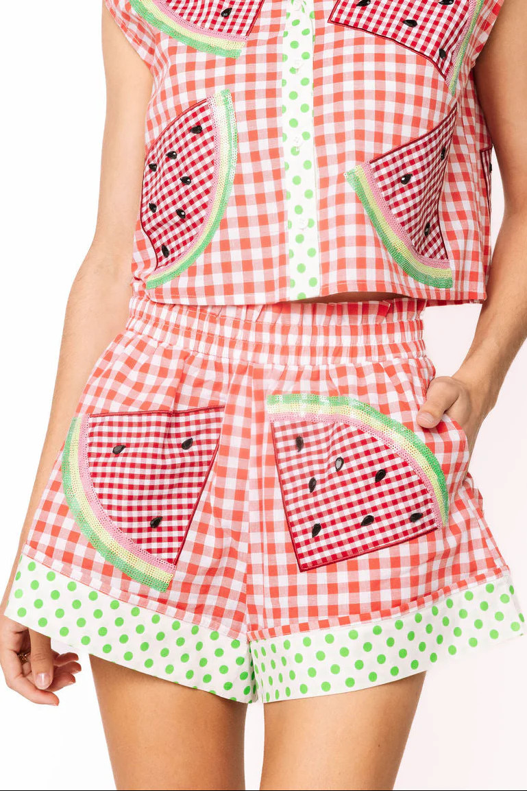 Red Gingham & Green Polka Dot Watermelon Short | Queen of Sparkles
