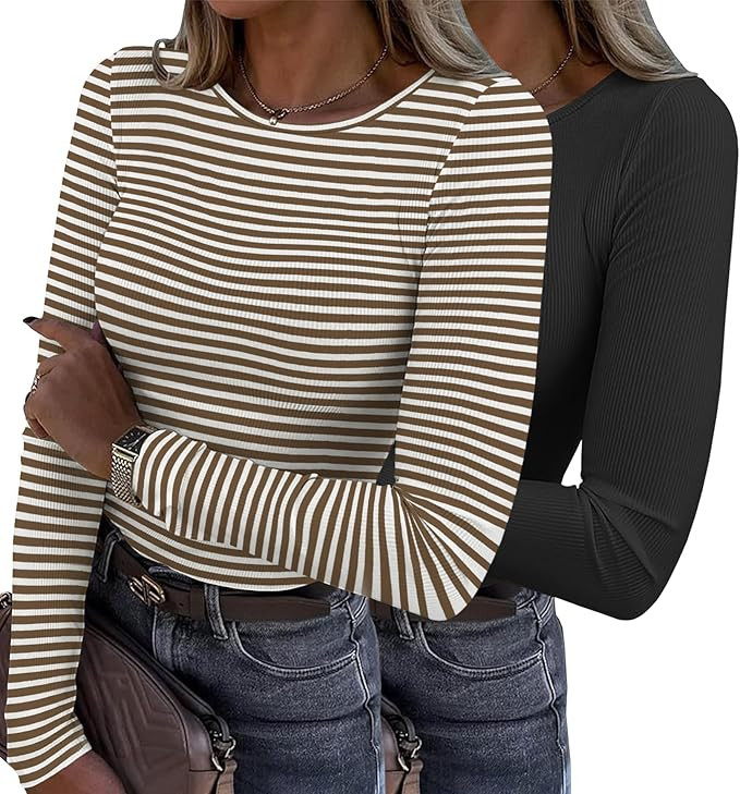 Zeagoo Womens Long Sleeve Stretch Crewneck Ribbed T-Shirt Slim Fit 2024 Fall Casual Basic Tops S-... | Amazon (US)