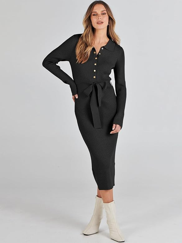 ANRABESS Women's V Neck Long Sleeve Bodycon Sweater Dress 2023 Fall Button Up Tie Waist Sexy Ribbed Knit Midi Dresses | Amazon (US)