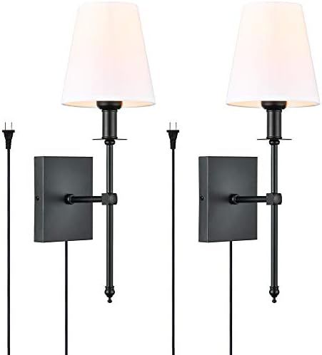 Passica Decor Plug in Modern Farmhouse Black Wall Sconce Set of Two, with Vertical Rod and White ... | Amazon (US)