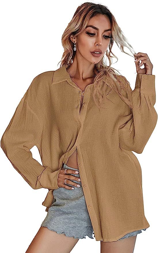 MakeMeChic Women's Oversized Button Down Shirts Loose Button Up Shirt Blouse Top | Amazon (US)