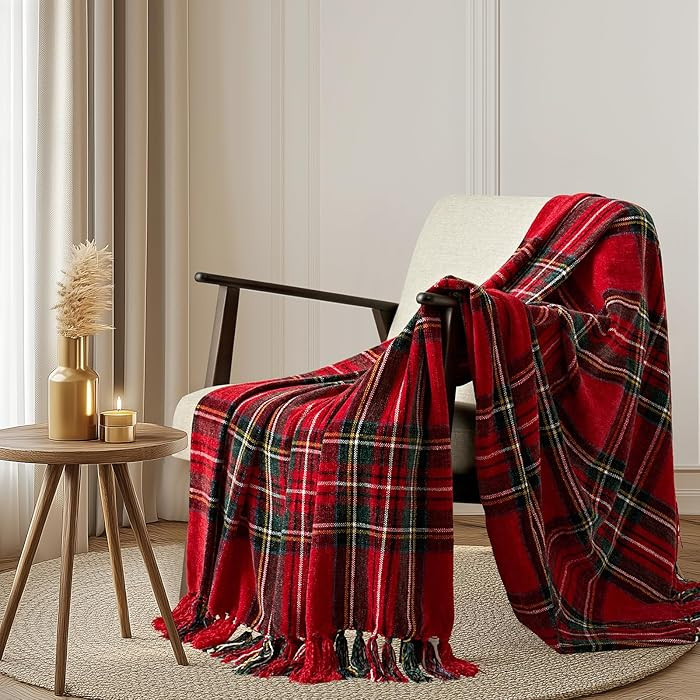 Chenille Christmas Throw Blanket, 50"x60", Red Stewart Plaid | Amazon (US)