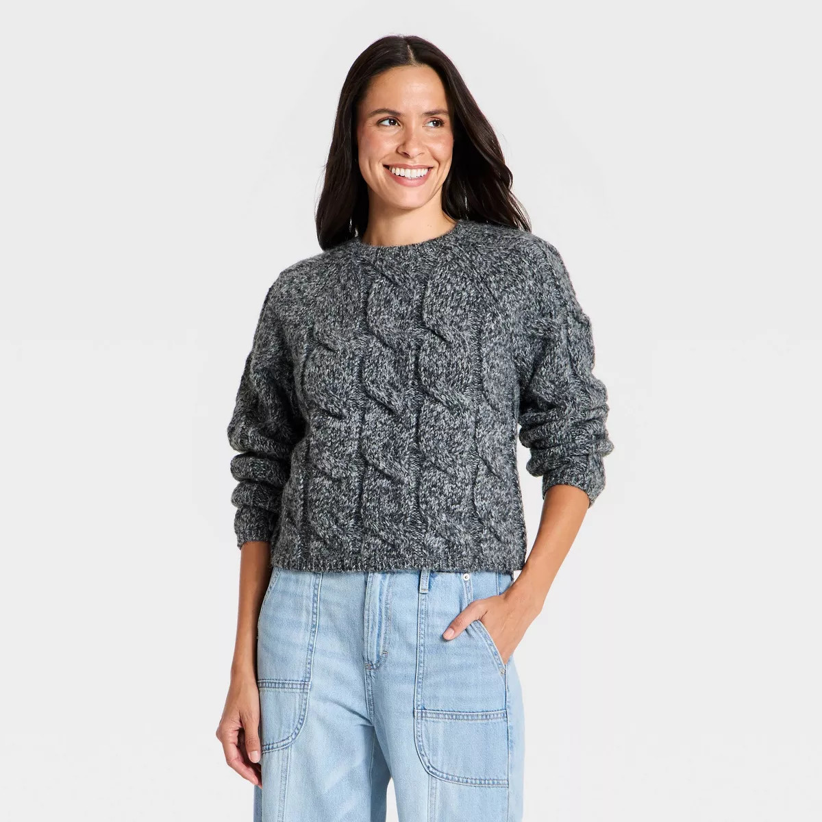 Women's Cable Crewneck Pullover Sweater - Universal Thread\u2122 Heather Gray M | Target