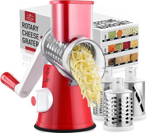 Zulay Kitchen Cheese Grater Hand Crank, Grater For Kitchen With Reinforced Suction - Rotary Cheese Grater With 3 Replaceable Stainless Steel Blades - Easy to Use & Clean - Vegetable Cutter - Red | Amazon (US)