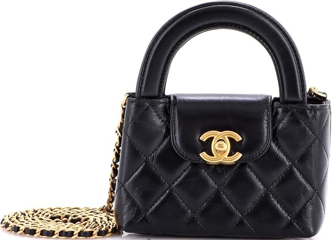 Amazon.com: Chanel, Pre-Loved Kelly Top Handle Shopping Bag Quilted Shiny Aged Calfskin Nano, Bla... | Amazon (US)