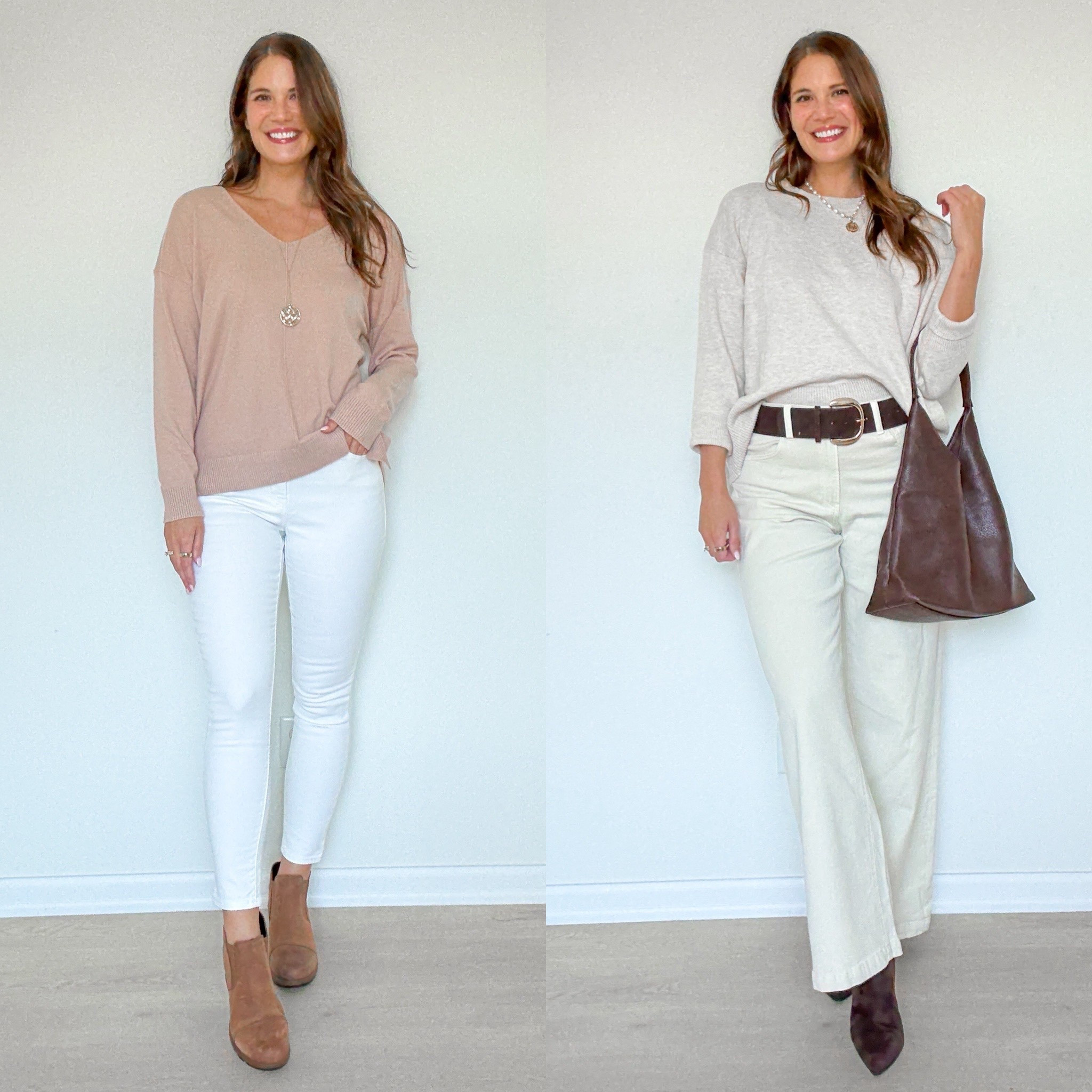 Updating this millennial outfit! Swapped white skinny jeans for bone wide leg jeans, wedges for brown boots, and added a chunky sweater and belt! 

Millennial outfit swap, Elevated outfit, White jeans, Style Inspo, Brown boots, Stang and co #LTKTall 

#LTKSeasonal #LTKStyleTip #LTKTall