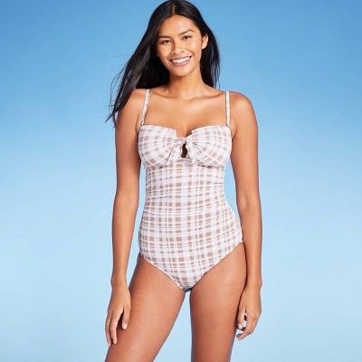 Women&#39;s Textured Pique Tie-Front High Coverage One Piece Swimsuit - Kona Sol&#8482; Brown XL | Target
