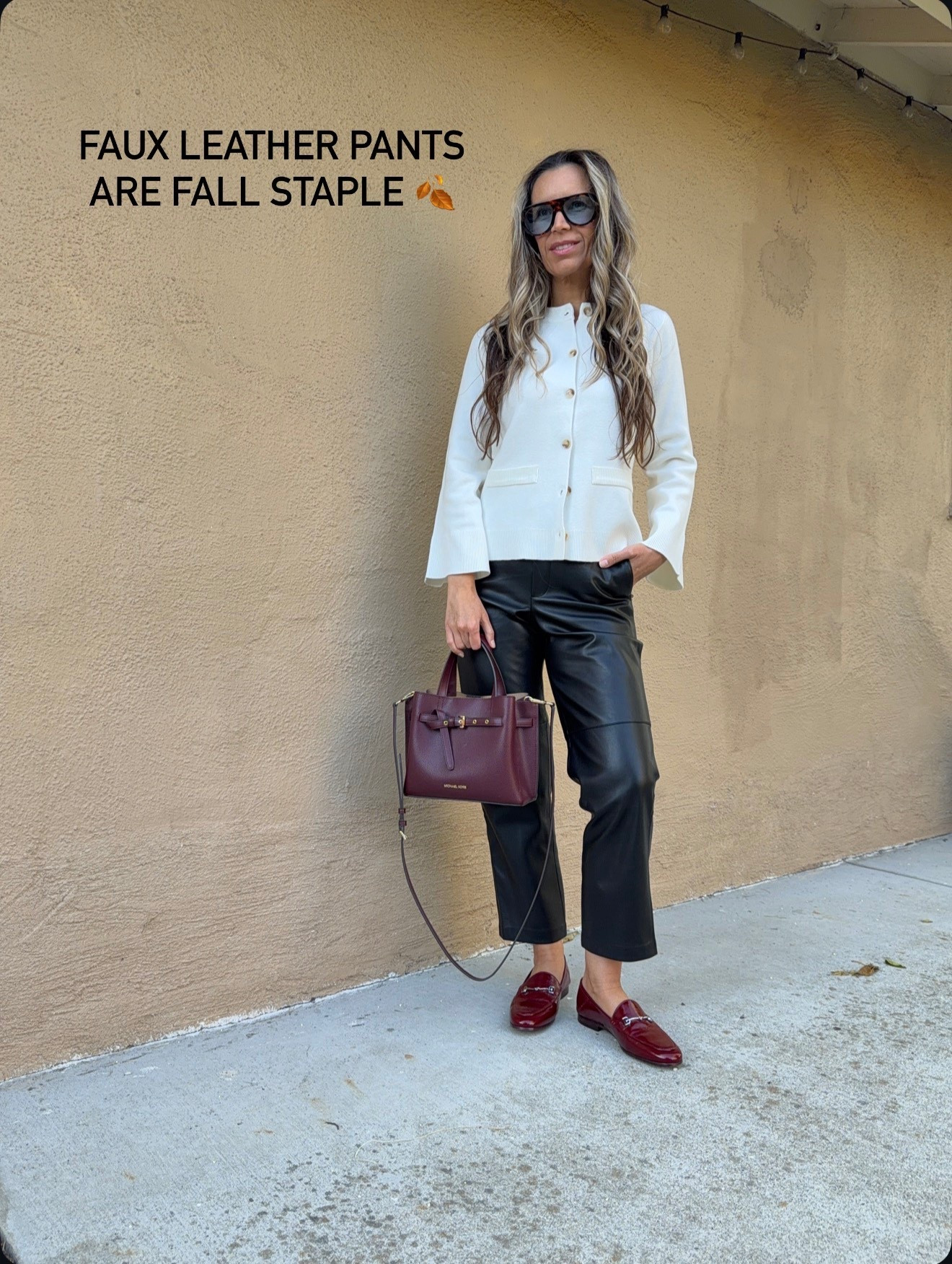 White cardi sz S - if you have long arms sleeves might be short

Faux leather pants sz XS
BURGUNDY loafers true to size



#LTKSaleAlert #LTKShoeCrush #LTKWorkwear
