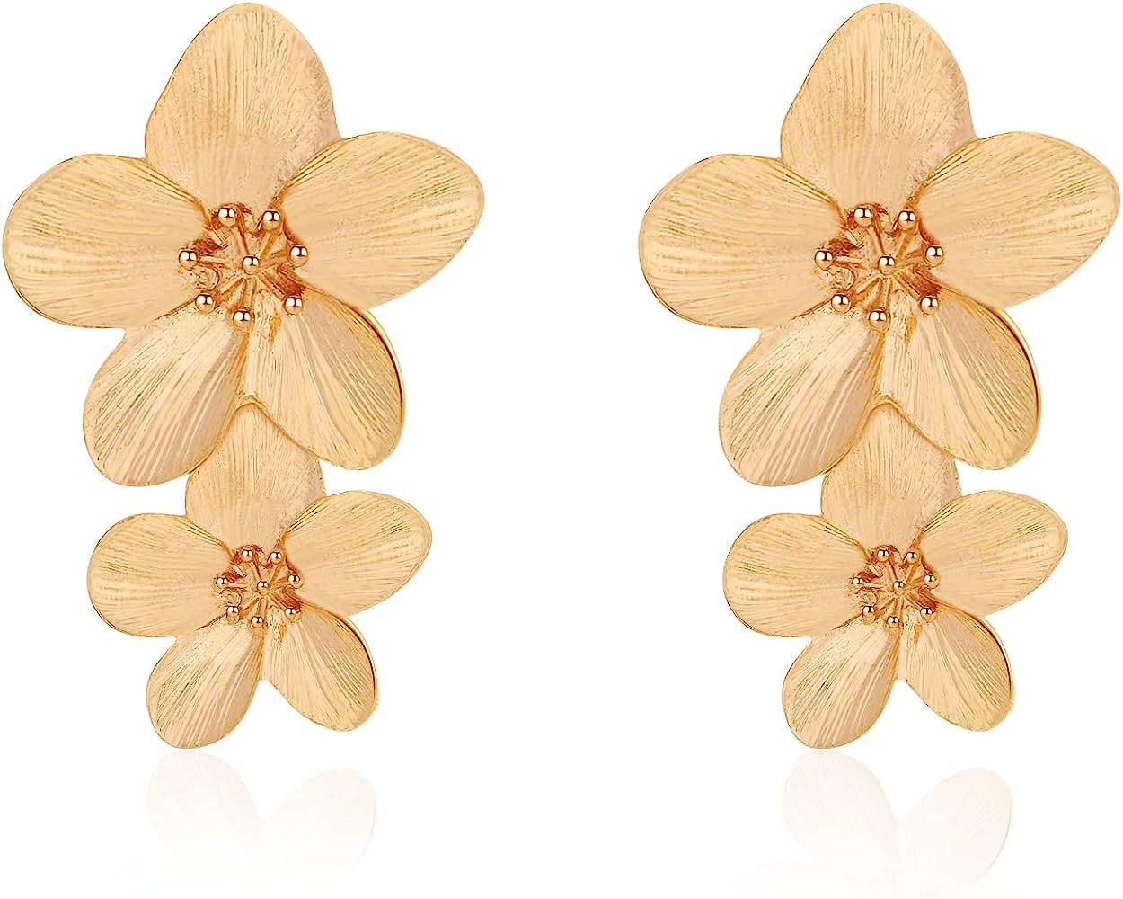 Double Flower Earrings, Gold Dangle Earrings for Women, Flower Statement Earrings for Wedding Par... | Amazon (US)