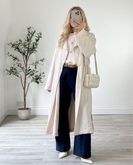 Spring Outfit Inspiration, Spring Summer, City Outfit, White Trench Coat, Navy Trousers, White Slingback Heels, Cream Cardigan 

#LTKeurope #LTKstyletip #LTKSeasonal