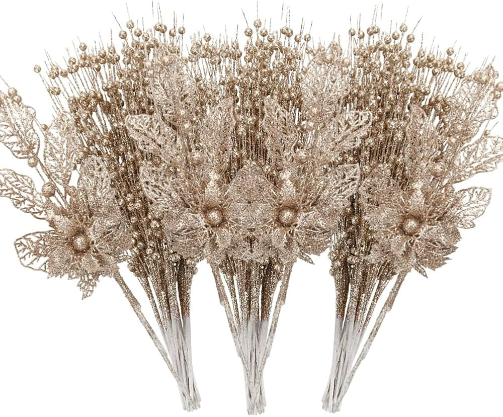 ROSELEAF 28 Pack Christmas Tree Ornaments Set, Champagne Artificial Glitter Berry Flowers Stem Br... | Amazon (US)