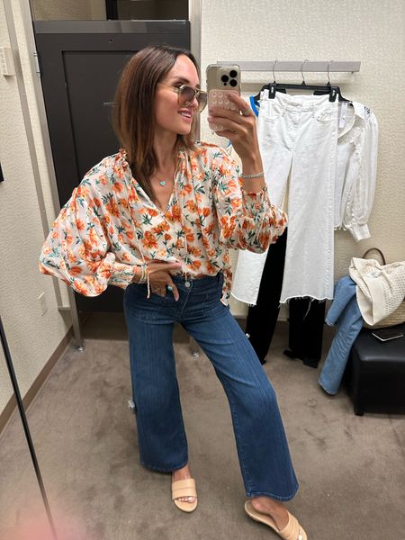 Jeans on sale at Nordstrom 
I wear sz 26, they have some stretch 
Blouse size small is a generous size 
Summer outfit 
