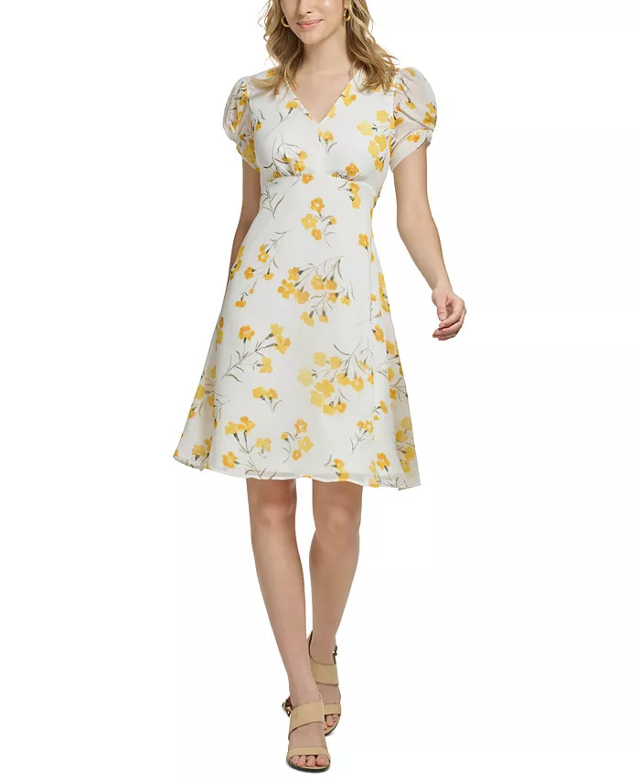 Calvin Klein Women's Floral-Print Puff-Sleeve A-Line Dress & Reviews - Dresses - Women - Macy's | Macys (US)