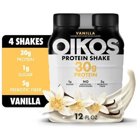 Oikos Protein Shake, Shelf Stable, Vanilla, 30g Protein, 12 fl oz, 4 Count Bottles | Walmart (US)