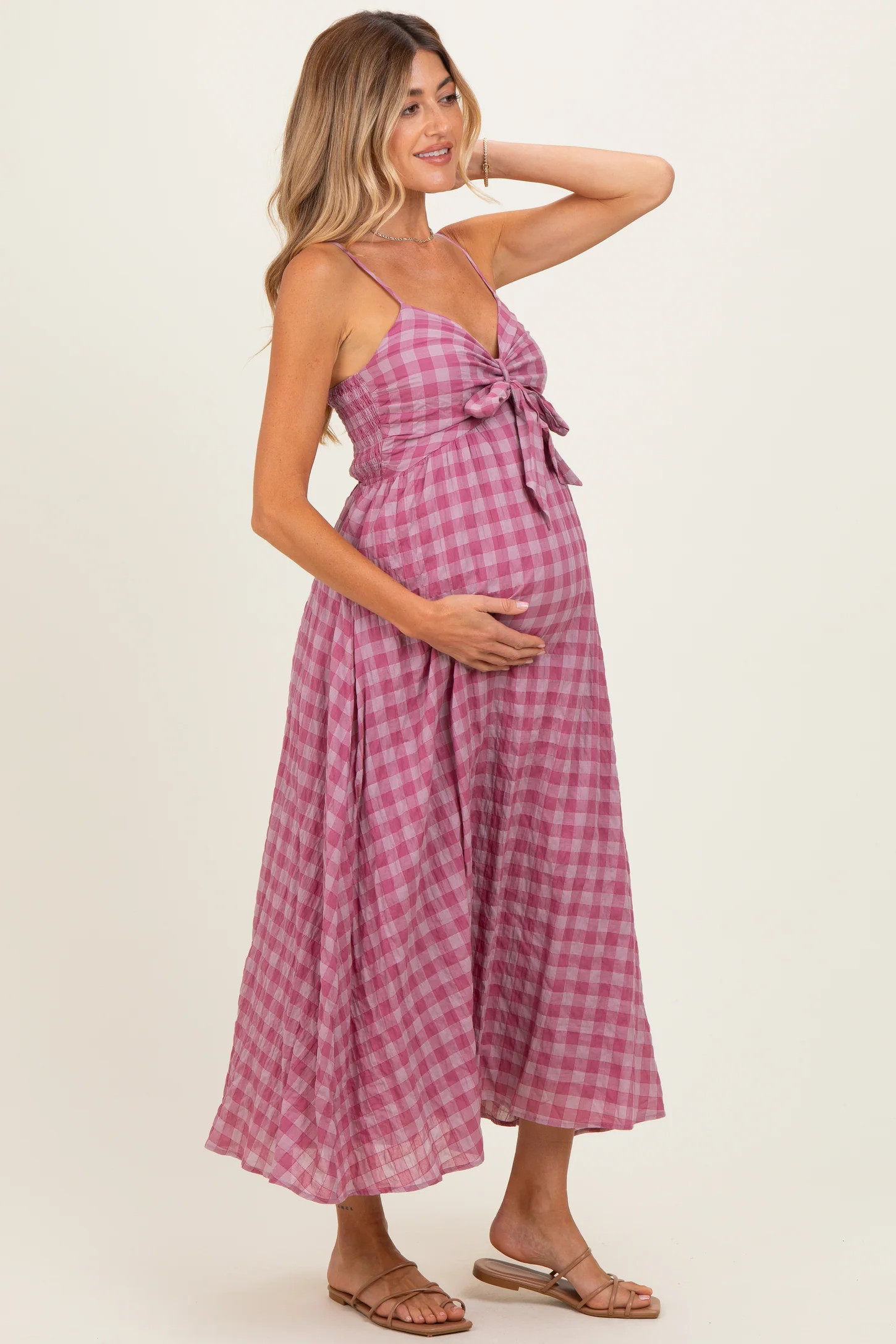 Pink Plaid Front Tie Sleeveless Maternity Maxi Dress | PinkBlush Maternity