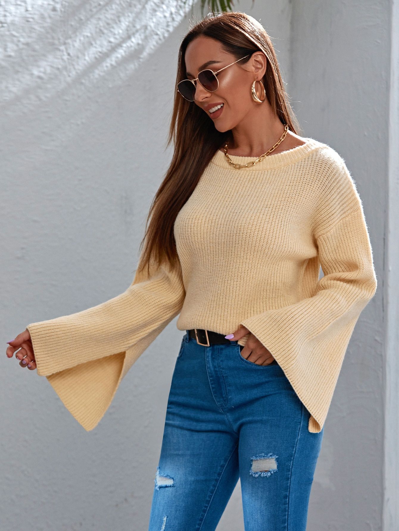 Bell Sleeve Solid Sweater | SHEIN