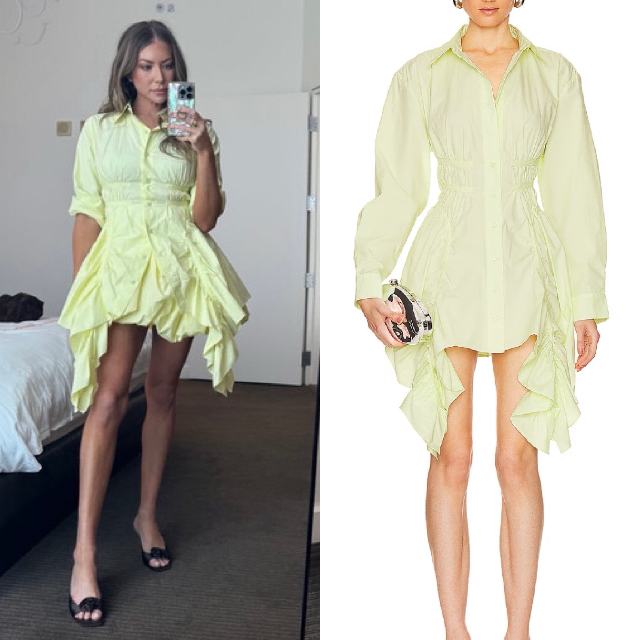 Stassi Schroeder’s Yellow Draped Shirt Dress 📸= @stassischroeder 