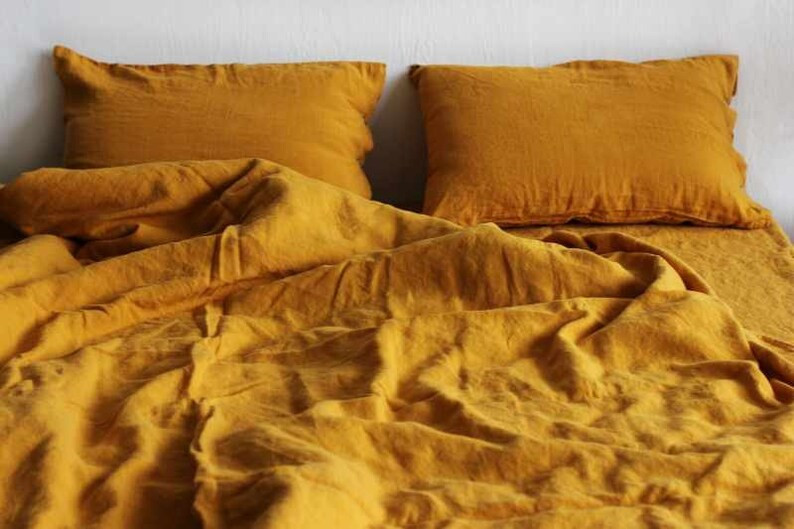 Linen duvet cover in Mustard color. Stonewashed bedding. King, Queen, Twin, Full sizes | Etsy (US)