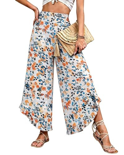 IEEILULU Wide Leg Pants for Women - Beach Pants for Women Flowy Floral Palazzo Pants High Waisted Pants Beach Vacation Outfits Yellow Small Flower S | Amazon (US)