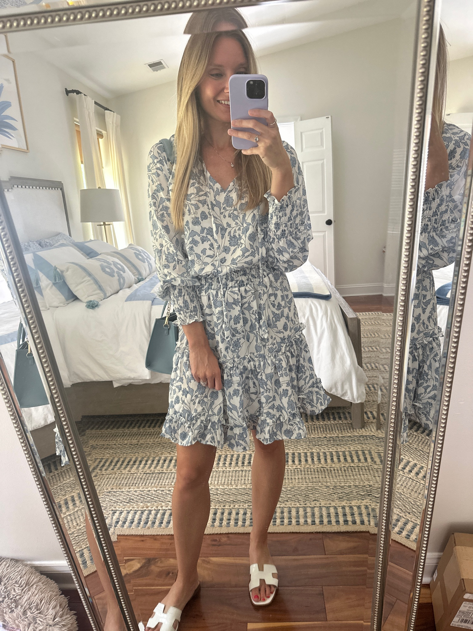 Blue & white floral mini dress with long sleeves 

#LTKFind #LTKunder50 #LTKstyletip