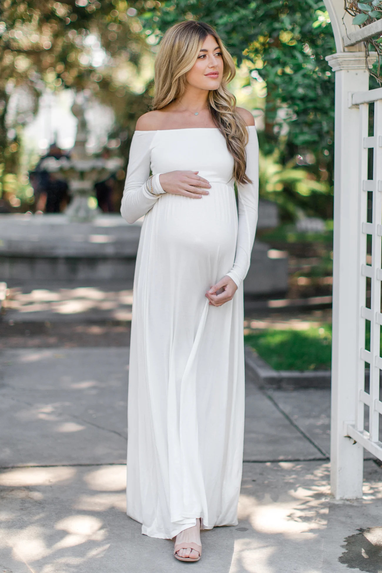 PinkBlush Petite Ivory Solid Off Shoulder Maternity Maxi Dress | PinkBlush Maternity