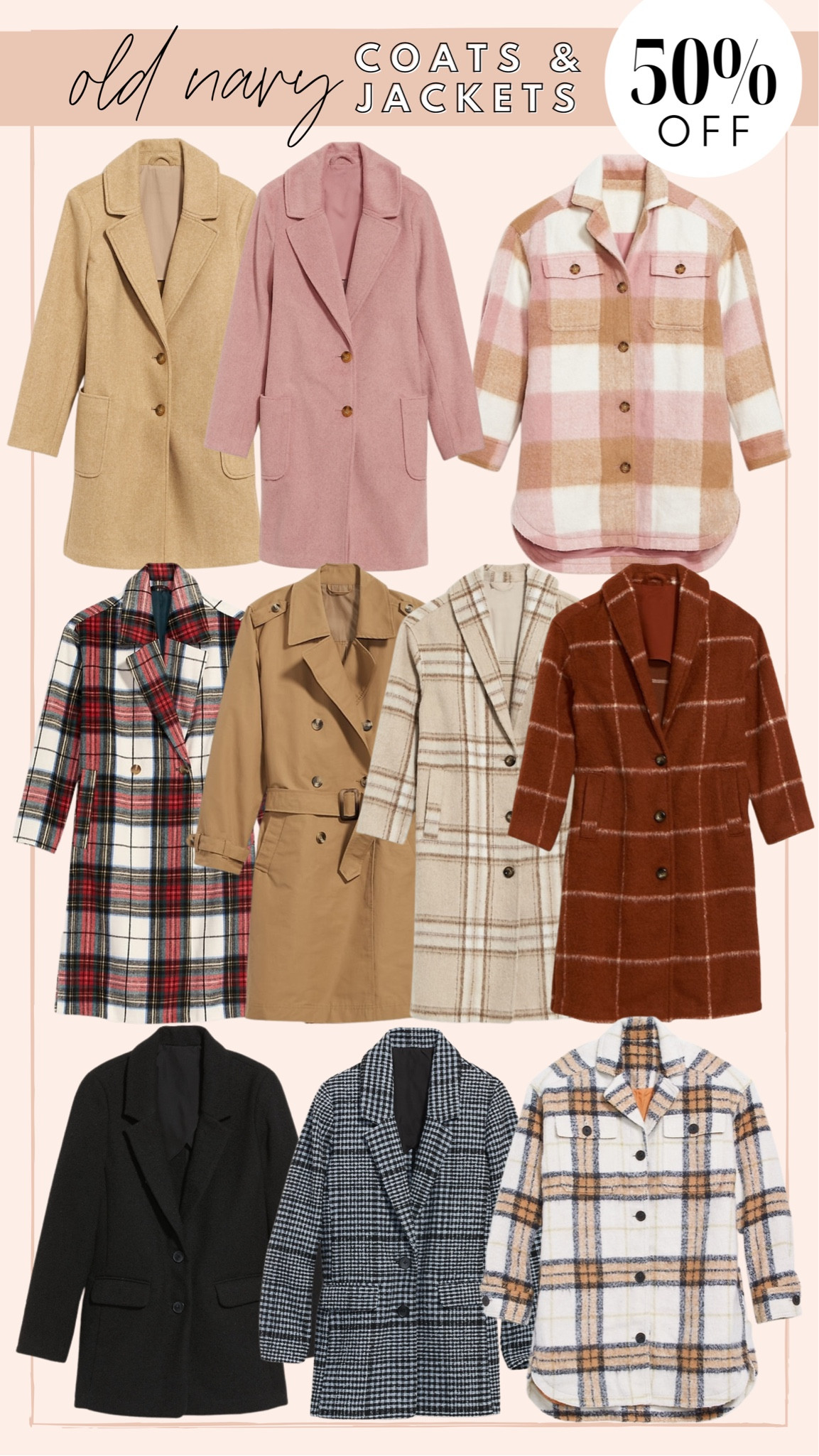 50% off outerwear at Old Navy today only! Plaid shacket, shirt jacket, plaid coat, trench coat, blazer, wool coat

#LTKsalealert #LTKunder100 #LTKSeasonal
