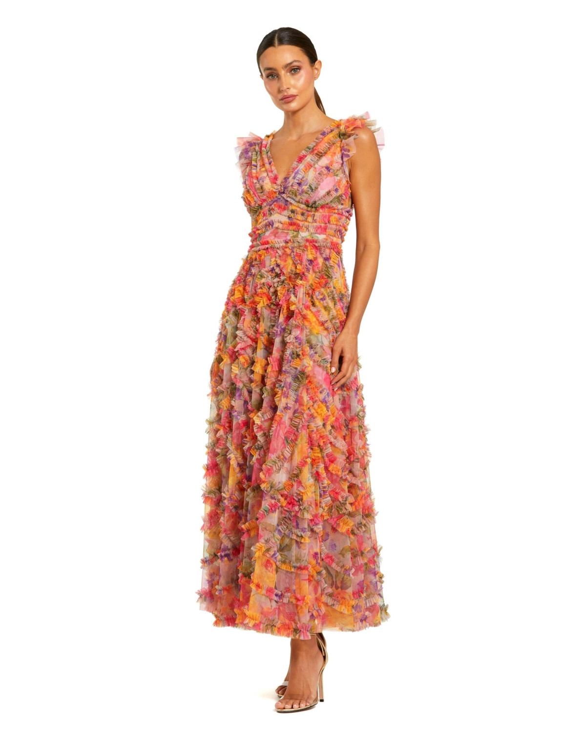Mac Duggal Petite Multicolor Floral V-Neck Ruffle Maxi Dress - Multi | Macy's