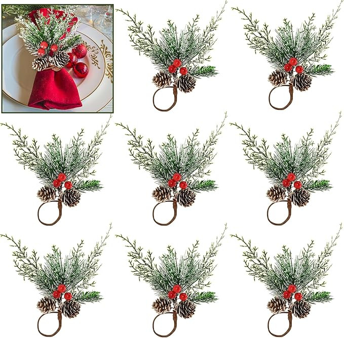 FRAMICS Christmas Napkin Rings Set of 8, Snowy Pine Cone Napkin Ring with Red Berry, Berry Napkin... | Amazon (US)