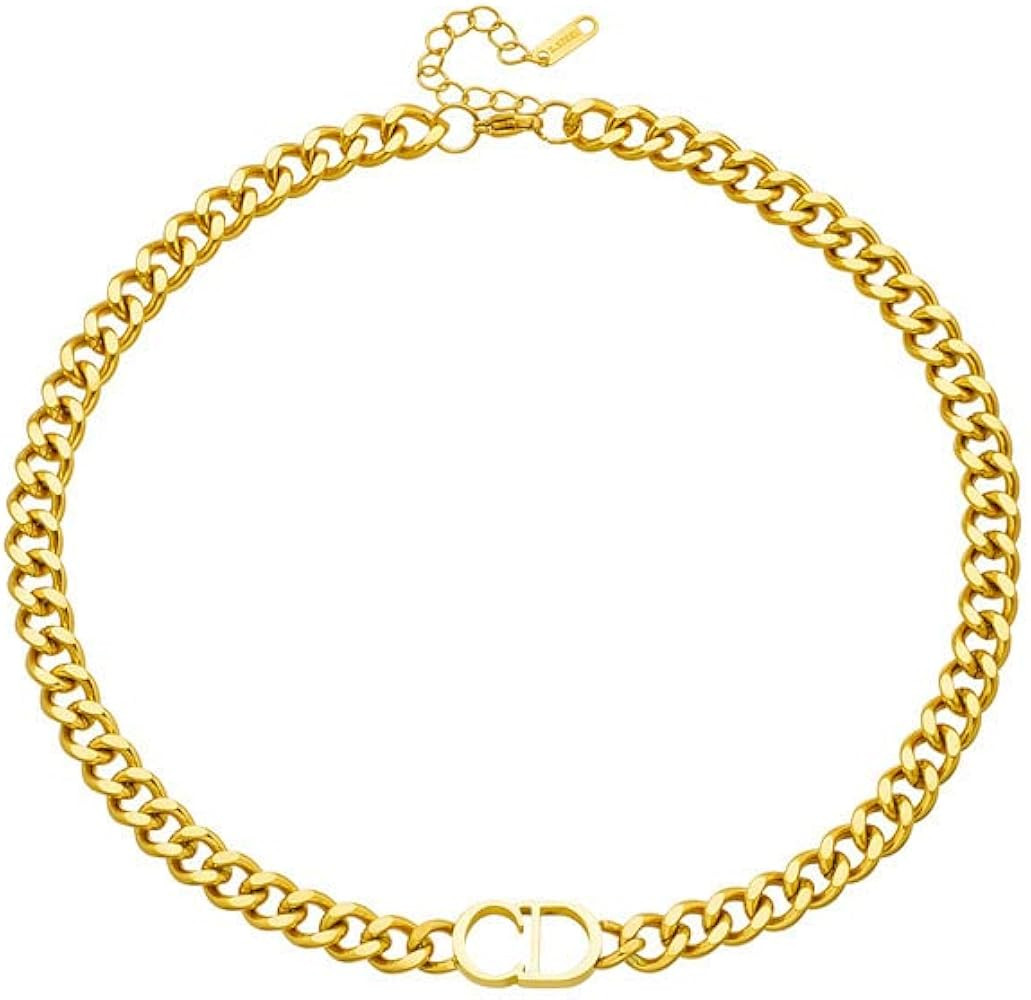 18K Gold Plated Letter Necklace Cuban Chain Choker Stainless Steel Necklaces for Women - Thick Ne... | Amazon (US)